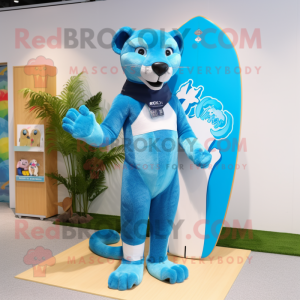 Sky Blue Panther mascot costume character dressed with a Board Shorts and Brooches