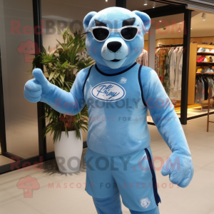 Sky Blue Panther mascot costume character dressed with a Board Shorts and Brooches