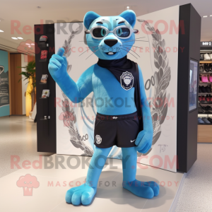 Sky Blue Panther mascot costume character dressed with a Board Shorts and Brooches