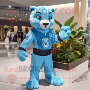 Sky Blue Panther mascot costume character dressed with a Board Shorts and Brooches