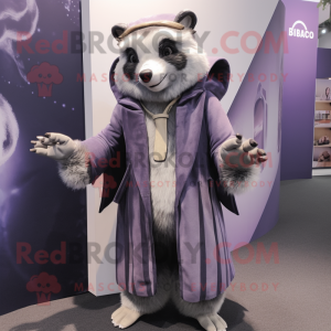 Lavender Badger mascot costume character dressed with a Coat and Wraps