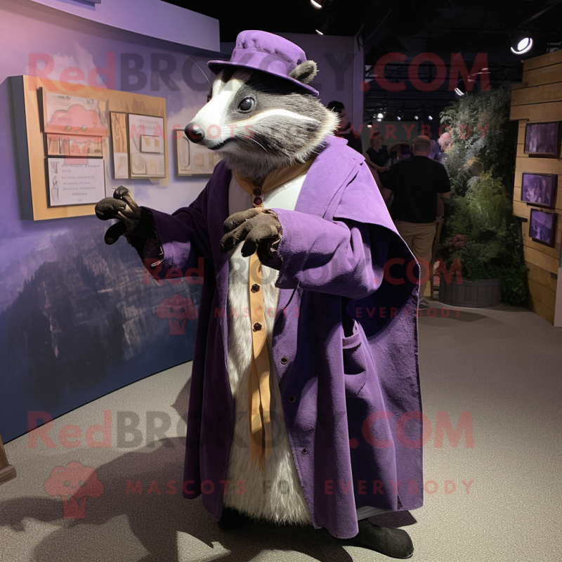 Lavender Badger mascot costume character dressed with a Coat and Wraps Lavender Badger mascot costume character dressed with a Coat and Wraps