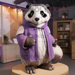 Lavender Badger mascot costume character dressed with a Coat and Wraps