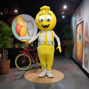 Lemon Yellow Unicyclist mascot costume character dressed with a Overalls and Pocket squares