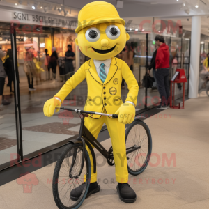Lemon Yellow Unicyclist mascot costume character dressed with a Overalls and Pocket squares