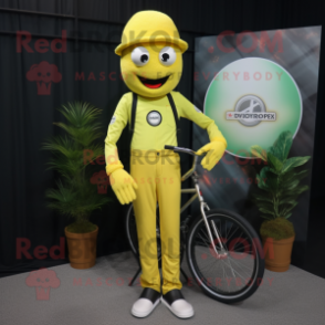 Lemon Yellow Unicyclist mascot costume character dressed with a Overalls and Pocket squares