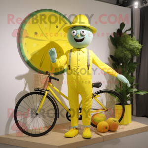 Lemon Yellow Unicyclist mascot costume character dressed with a Overalls and Pocket squares