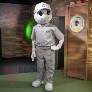 Silver Golf Ball mascot costume character dressed with a Cargo Pants and Tie pins