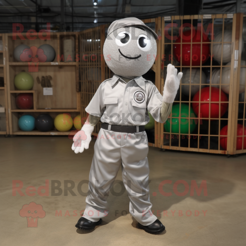 Silver Golf Ball mascot costume character dressed with a Cargo Pants and Tie pins Silver Golf Ball mascot costume character dressed with a Cargo Pants and Tie pins