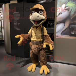 Brown Deinonychus mascot costume character dressed with a Cargo Pants and Mittens