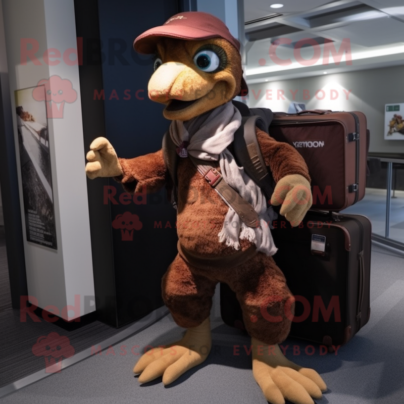 Brown Deinonychus mascot costume character dressed with a Cargo Pants and Mittens Brown Deinonychus mascot costume character dressed with a Cargo Pants and Mittens