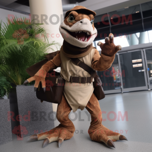 Brown Deinonychus mascot costume character dressed with a Cargo Pants and Mittens