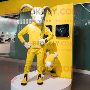 Yellow Goat mascot costume character dressed with a Turtleneck and Smartwatches