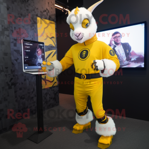 Yellow Goat mascot costume character dressed with a Turtleneck and Smartwatches