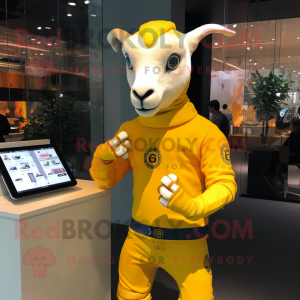 Yellow Goat mascot costume character dressed with a Turtleneck and Smartwatches