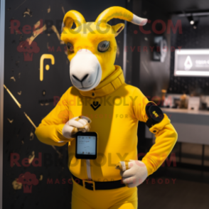 Yellow Goat mascot costume character dressed with a Turtleneck and Smartwatches