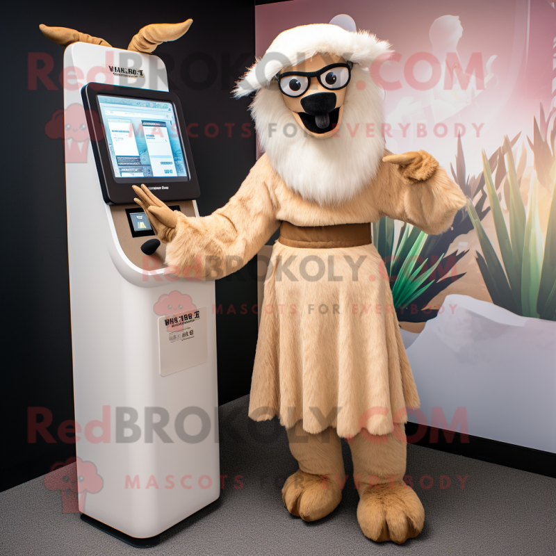 Tan Llama mascot costume character dressed with a Midi Dress and Foot pads Tan Llama mascot costume character dressed with a Midi Dress and Foot pads