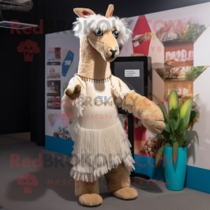 Tan Llama mascot costume character dressed with a Midi Dress and Foot pads