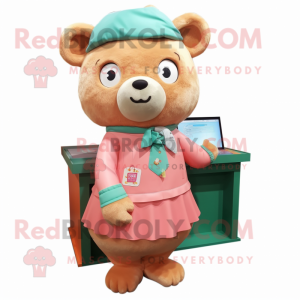 Peach Bear mascot costume character dressed with a Pencil Skirt and Scarves