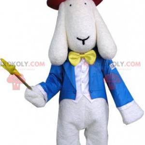 Mascotte de chien blanc habillé en costume de magicien -