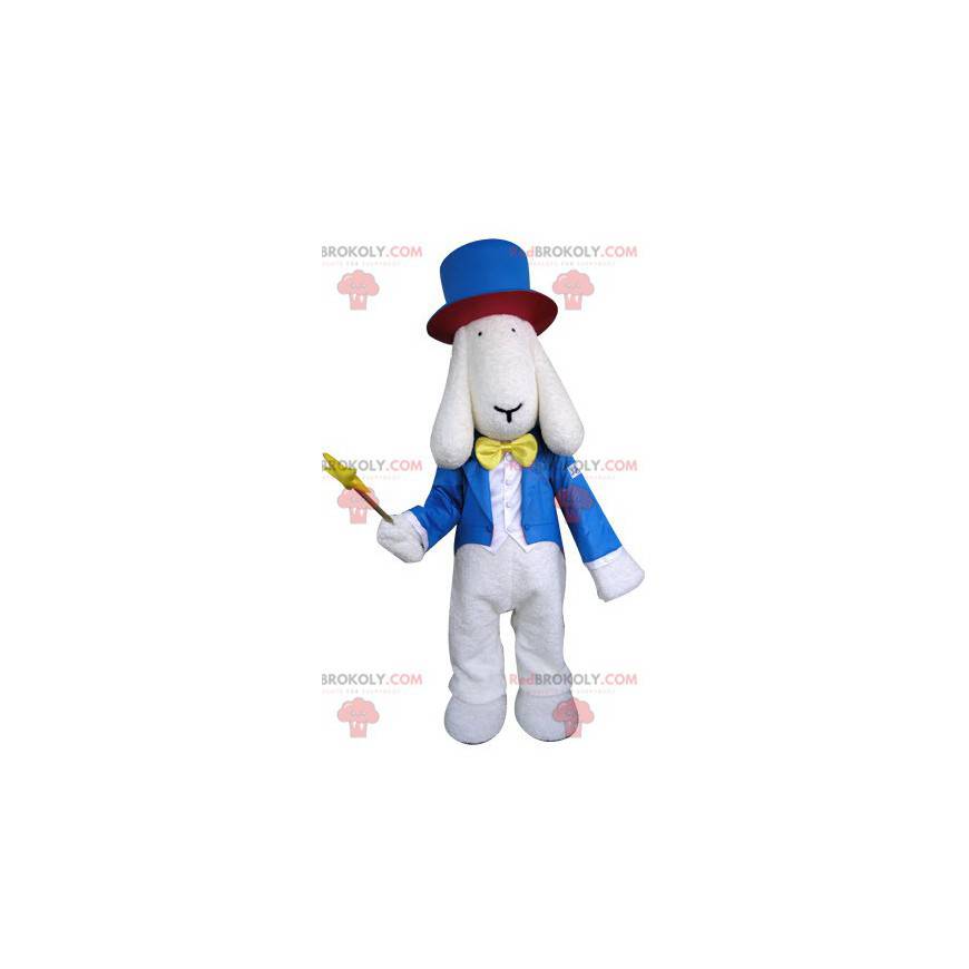 Maskot bílý pes oblečený v kostýmu kouzelníka - Redbrokoly.com Maskot bílý pes oblečený v kostýmu kouzelníka - Redbrokoly.com