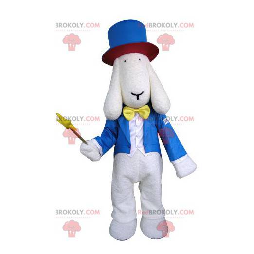 Mascota de perro blanco vestida con traje de mago -