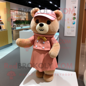 Peach Bear mascot costume character dressed with a Pencil Skirt and Scarves