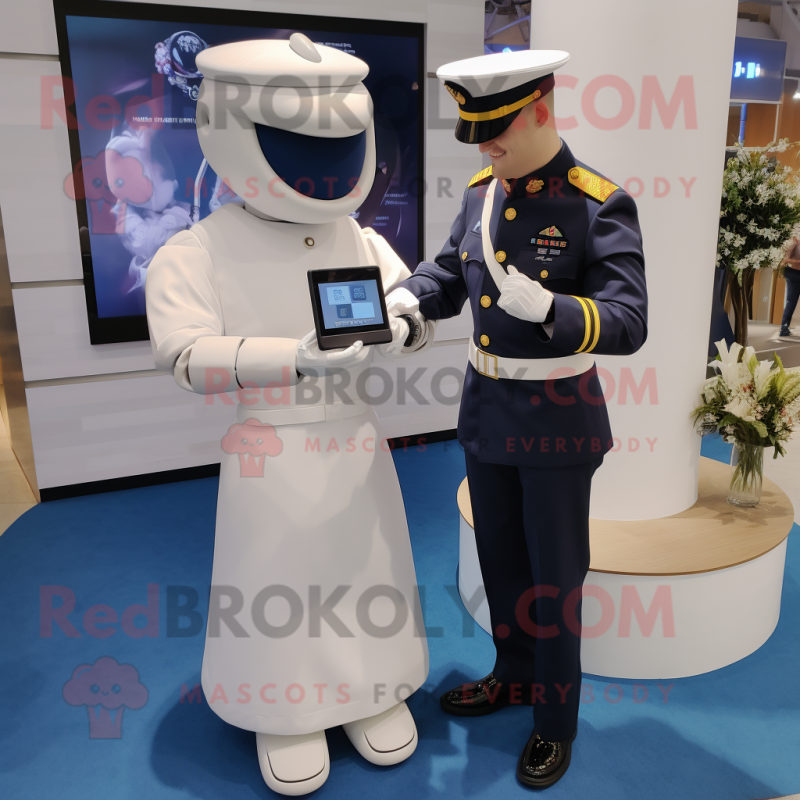 Navy Alliance mascot costume character dressed with a Wedding Dress and Smartwatches Navy Alliance mascot costume character dressed with a Wedding Dress and Smartwatches