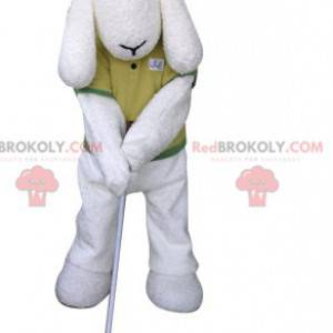 Cão mascote branco vestido com roupa de jogador de golfe -