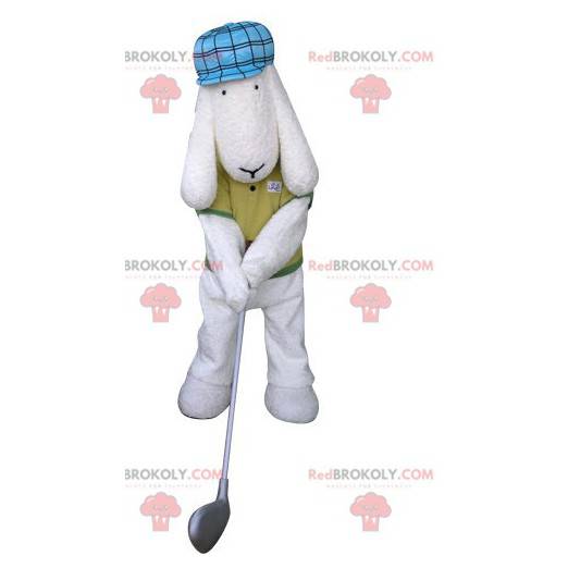 Cão mascote branco vestido com roupa de jogador de golfe -