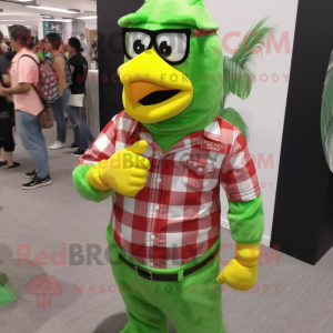 Lime Green Fried Chicken mascot costume character dressed with a Flannel Shirt and Bracelet watches