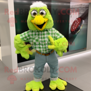 Lime Green Fried Chicken mascot costume character dressed with a Flannel Shirt and Bracelet watches