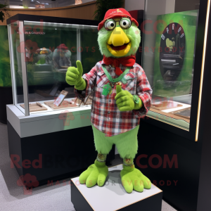 Lime Green Fried Chicken mascot costume character dressed with a Flannel Shirt and Bracelet watches