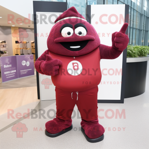 Maroon Plum mascot costume character dressed with a Yoga Pants and Pocket squares