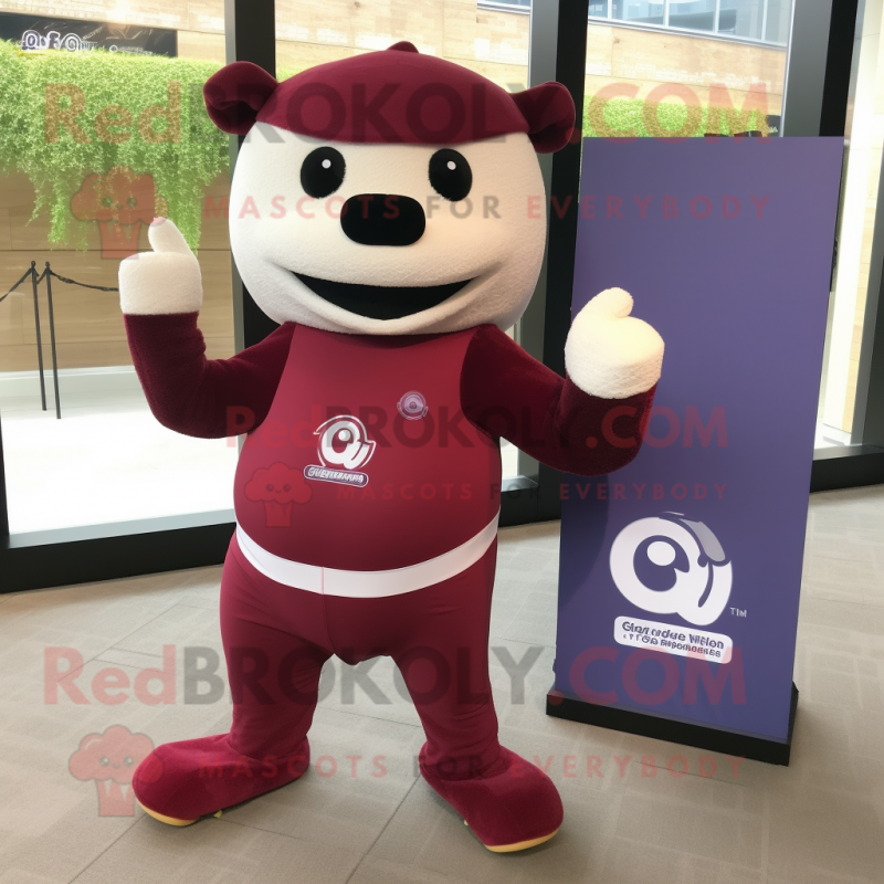 Maroon Plum mascot costume character dressed with a Yoga Pants and Pocket squares Maroon Plum mascot costume character dressed with a Yoga Pants and Pocket squares