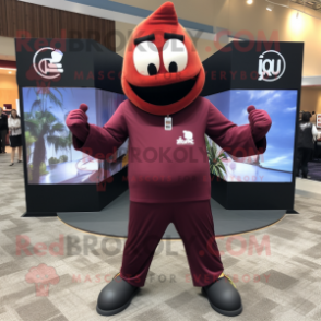 Maroon Plum mascot costume character dressed with a Yoga Pants and Pocket squares