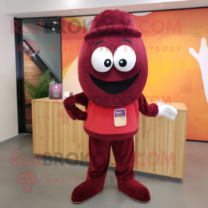 Maroon Plum mascot costume character dressed with a Yoga Pants and Pocket squares