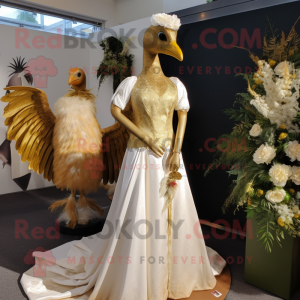 Gold Archeopteryx mascot costume character dressed with a Wedding Dress and Brooches