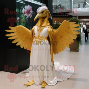 Gold Archeopteryx mascot costume character dressed with a Wedding Dress and Brooches