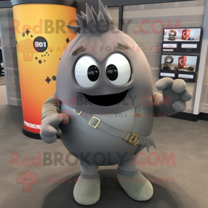 Gray Grenade mascot costume character dressed with a Sweatshirt and Tie pins
