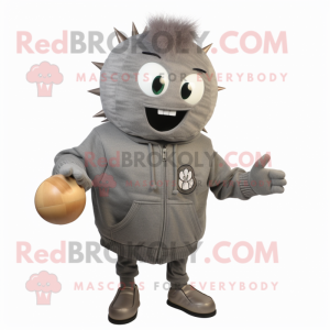 Gray Grenade mascot costume character dressed with a Sweatshirt and Tie pins