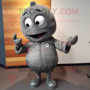 Gray Grenade mascot costume character dressed with a Sweatshirt and Tie pins