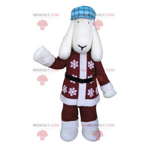 Biały pies maskotka w zimowe ubrania - Redbrokoly.com