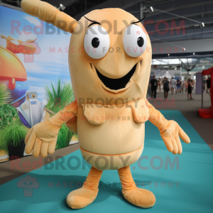 Tan Shrimp Scampi mascot costume character dressed with a Bodysuit and Suspenders