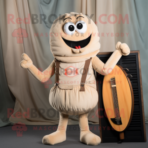 Tan Shrimp Scampi mascot costume character dressed with a Bodysuit and Suspenders