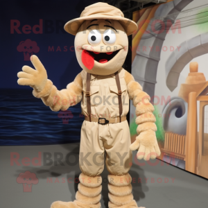 Tan Shrimp Scampi mascot costume character dressed with a Bodysuit and Suspenders