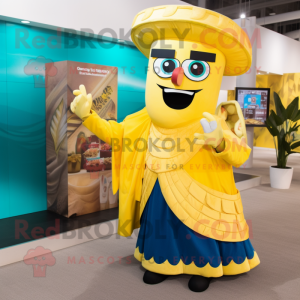 Yellow Tacos mascot costume character dressed with a Evening Gown and Wallets