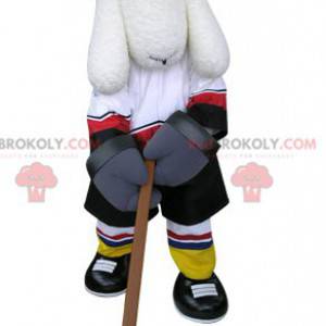 Mascotte del cane bianco in attrezzatura da hockey -