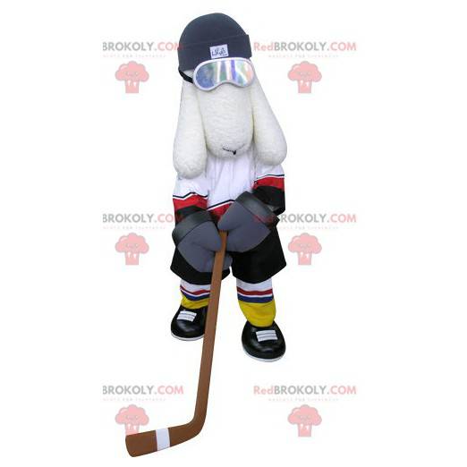 Mascotte del cane bianco in attrezzatura da hockey -