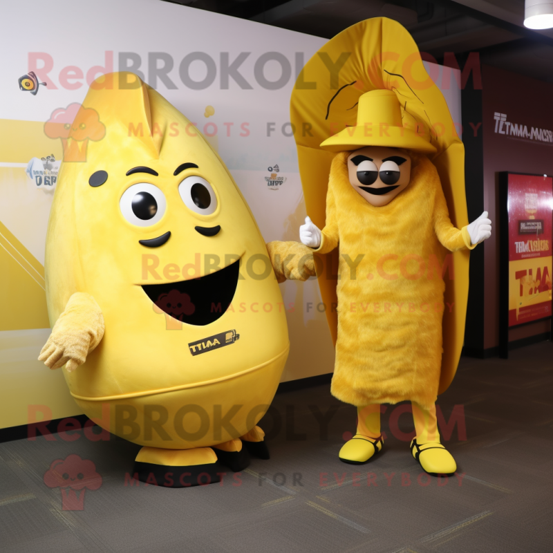 Yellow Tacos mascot costume character dressed with a Evening Gown and Wallets Yellow Tacos mascot costume character dressed with a Evening Gown and Wallets